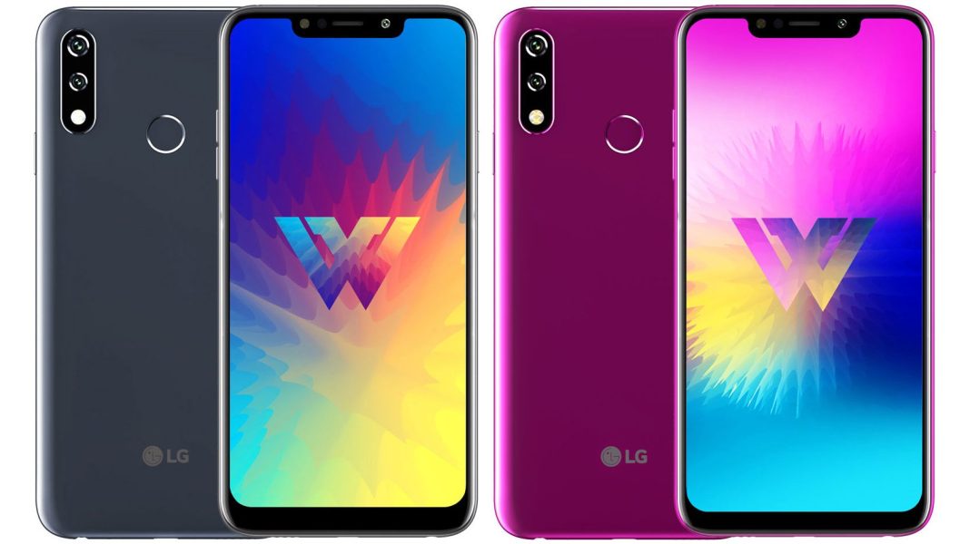 LG W10 gri ve mor renklerinin birleşik ön ve arka yüzleri