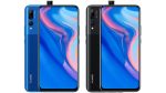 Huawei Y9 Prime 2019 mavi ve siyah renklerinin birleşik ön ve arka yüzleri, pop up ön kamerası