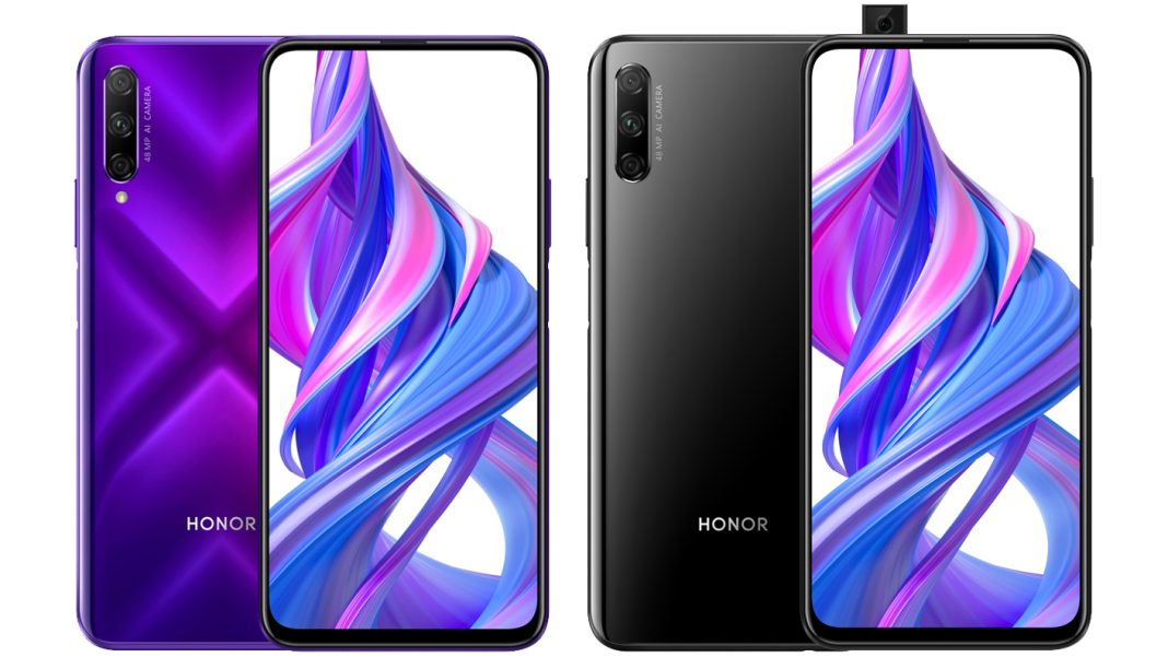 Honor 9X Pro mor ve siyah renklerinin birleşik ön ve arka görseli