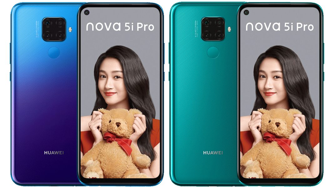 Huawei nova 5i Pro mavi ve yeşil renklerinin ön ve arka görseli